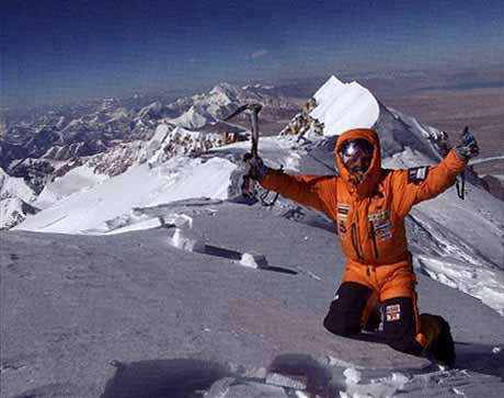 
Simone Moro and Polish climber Piotr Morawski completed the first Winter ascent of Shishapangma via the south face on January 14, 2005. Here is Moro on the Shishapangma summit. - 8000 Metri Di Vita, 8000 Metres To Live For book
